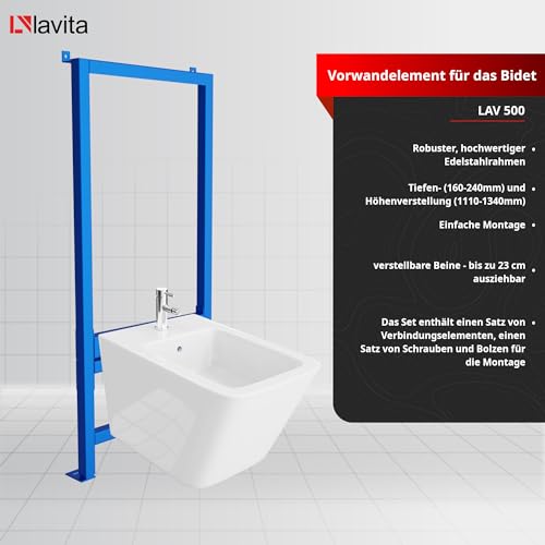 LAVITA Vorwandelement für Bidet LAV 500 + Wand-Bidet Lago Komplettset Wand-Hänge Bidet mit Hahnloch und Überlaufschutz aus Keramik WC Toilette Hygienisch und Pflegeleicht 34x48,5x32,5 cm – Bild 4