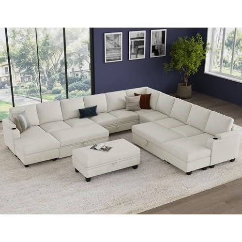 Belffin Oversized U Shaped Modular Sectional Sleeper Sofa with Large Ottoman Convertible Double Chaise Corner Couch with Pull Out Bed. White Sofa Beig
