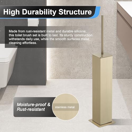 Image of BVL Toilet Brush and Holder Set Brushed Gold Stainless Steel 304 Square Freestanding Toilet Brush for Bathroom