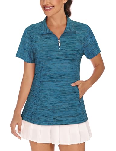 Tanst Sky Womens Golf Shirts Short Sleeve Zip Up Collared Quick Dry Workout Tennis Tops with Pockets, Turquoise, X-Large