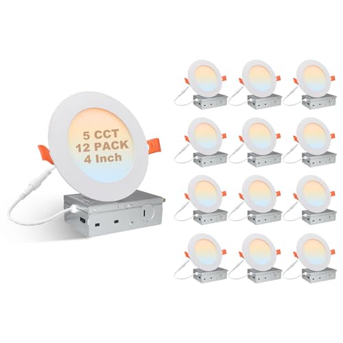 legdindoor 4 Inch 12-Pack 5CCT LED Ultra-Thin Recessed Ceiling Lights with Junction Box, 2700K-5000K Selectable, 1050LM High Brightness Dimmable Canless Wafer Downlights 11W Eqv 110W ETL&IC&FCC