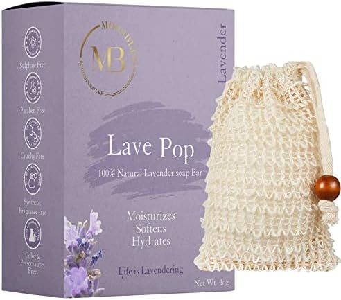 Moon Bliss Natural Lavender Soap Bar- Made with Premium Organic Essential Oils, Cold pressed method, Gentle, Moisturizing & Hydrating, Biodegradable, Vegan, Cruelty-free, Non-GMO- Free Exfoliating bag