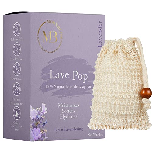 Moon Bliss Natural Lavender Soap Bar- Made With Premium Organic Essential Oils, Cold Pressed Method, Gentle, Moisturizing & Hydrating, Biodegradable, Vegan, Cruelty-Free, Non-Gmo- Free Exfoliating Bag #TOP17