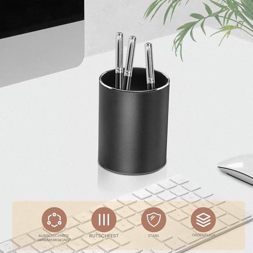 VAYDEER Runder Stiftehalter aus Aluminium Organizer und Aufbewahrungsbox für Stifte und Bleistifte, ideal für Büro, Schule, zuhause und Kinder - 8x10 cm, in elegantem Schwarz.
