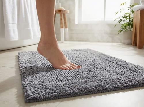 Bath Mat Rug 17x24" Rectangle Charcoal Grey, 100% Pure Cotton, Super Soft Reversible Bath Rug For Bathroom, Plush & Absorbent, Hand Tufted Heavy Weight Construction, Full Reversible Step Out Rugs by Savi Home - Used condition - Image 6