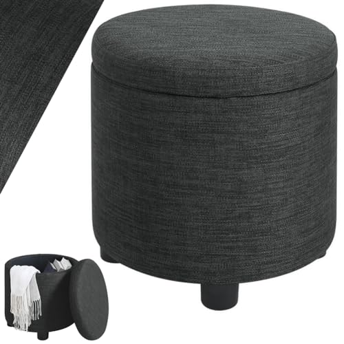 BAKAJI Pouf Contenitore Poggiapiedi Rotondo con Scomparto Interno Capiente, Baule Portaoggetti con Seduta Imbottita, Sgabello Struttura in Legno Arredamento per Soggiorno, Cameretta (Grigio Lino)
