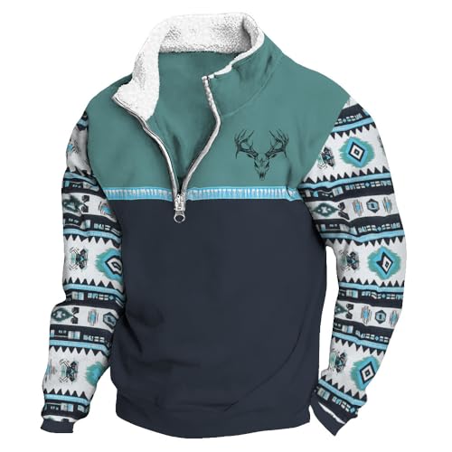 HOTYD Fleece Collar Sweatshirts for Men Long Sleeve Vintage Aztec Print Sweatshirt Western Cowboy Pullover Country Hoodies Fall Winter Jackets for Men 2025 H-Deer Skull Turquoise L