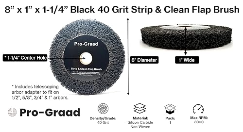 Image of 8 inch x 1 inch Black 40 Grit Extra Coarse Non-Woven Bench Grinder Strip & Clean Flap Brush Wheel, Metal Graining, Stripping, Rust & Paint Removal, Compatible for 1 /2 inch, 5 /8 inch, 3 /4 inch, 1 inch, 1-1 /4 inch Arbor