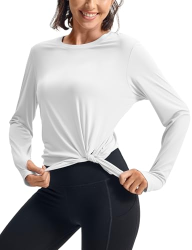 Rdruko Women's Sun Shirt Long Sleeve UPF 50+ UV Rash Guard Workout Outdoor Gym Hiking Tops with Thumbholes, White, S
