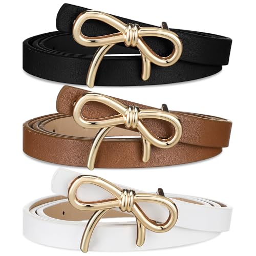 3 Pcs Bow Skinny Belt Womens Leather Fashion Bow Dress Belt Thin PU Leather Skinny Waist Decor for Women Pants Jeans