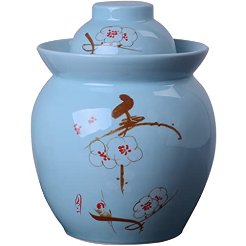 Botella De Kimchi Decoración Clásica De Ciruela De Tinta Tarro De Fermentación, Sello De Agua Doble con Tapa Olla De Kimchi, Cerámica Espesada para El Hogar Tanque De Almacenamiento