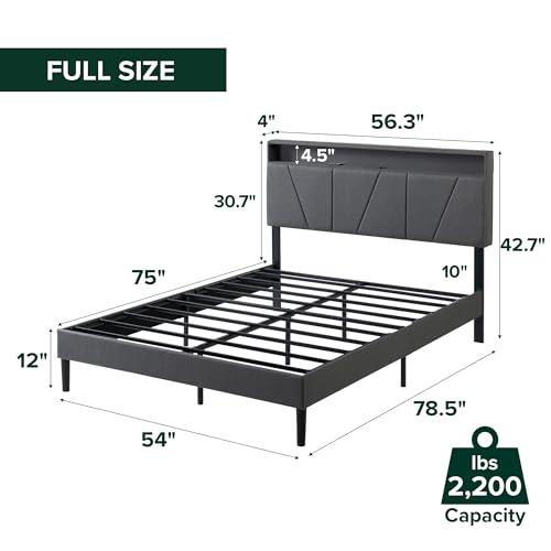 Image of Zinus Maya Upholstered Platform Bed Frame, RGB LED Lights, Full | Space-Saving Two-Tier Headboard Storage, Built-in USB Charging Station, Soft Ambient Night Light, No Box Spring Needed