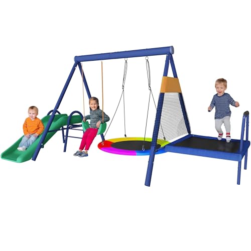 Tour de jeux d'extérieur avec toboggan et trampoline - Cage d'escalade avec balançoire nid d'oiseau et balançoire en plastique - Aire de jeux multifonction...