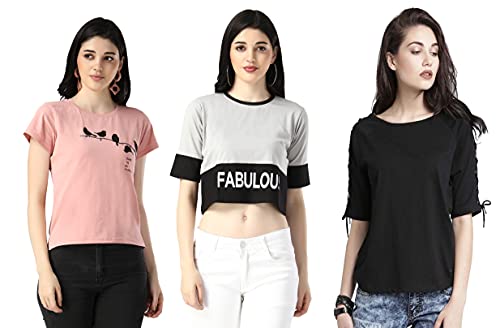 Image of DHRUVI TRENDZ Women's Regular Fit T-Shirt (2021 Grey & Pink & Black Medium)