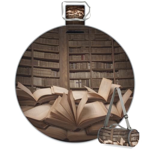 Shimoshe Pile of Open Books On The Table Picnic Outdoor Blanket Foldable Waterproof Sandproof Beach Blanket Portable Water-Resistant Round Picnic Mat for Travel Camping Park Lawn