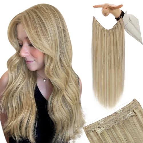 Image of YoungSee Blonde Wire Human Hair Extensions, Adjustable Fish Line Extensions, Invisible Wire Hair Extensions Real Human Hair, 85G 18 Inch,Golden Blonde Mix Light Blond Highlights