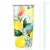 NymphFable 20oz Zitrone Eiswürfel Thermobecher Kaffeebecher to go Doppelwand Edelstahl Becher Mit Deckel Und Strohhalm