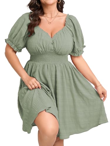 Image of SCOMCHIC Womens Plus Size Summer Dresses Casual Sun Dress Sweetheart V Neck Puff Short Sleeve Smocked A Line Mini Dress