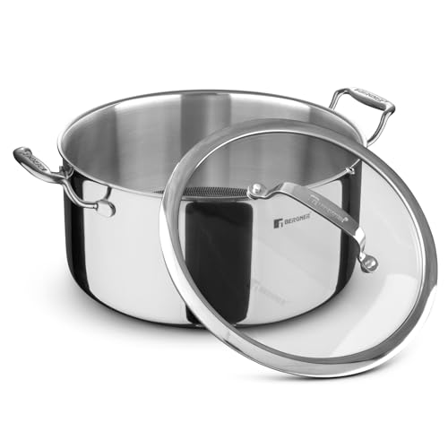 Image of Bergner Hi-Tech Giro Triply Stainless Steel 24cm (5.4L) Casserole with Glass Lid, Honeycomb Non-Stick Coating, Healthy Cooking, Consumes Less Oil, Sturdy Durable Handles, Induction and Gas Stove Ready