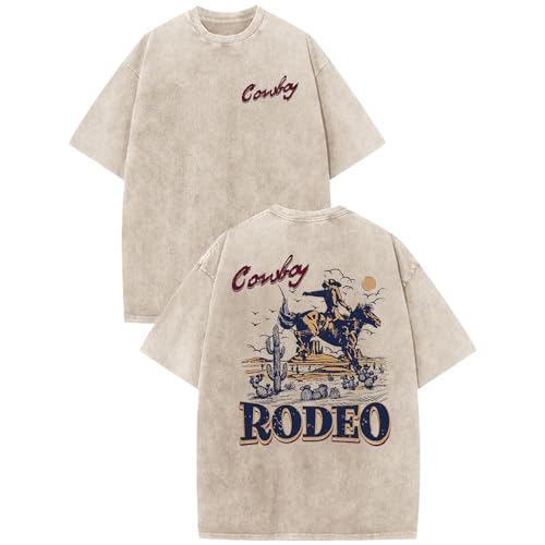 Bobeutou Western Shirts for Men Vintage Rodeo Cowboy Shirt Oversized Graphic Tees Country Concert Acid Wash T-Shirts Tops (Apricot,2XL)