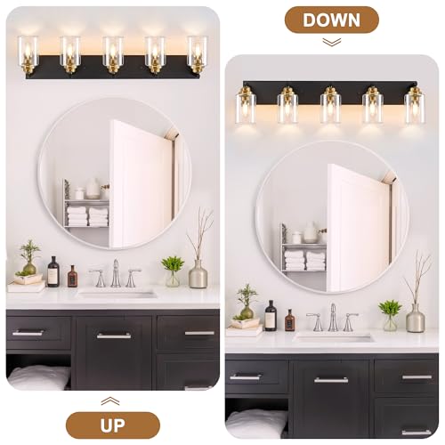 Image of 5-Light Black and Gold Bathroom Vanity Light, Clear Glass Shade | 35.4 inch Wall Mount Over Mirror Lighting Fixtures, Brushed Gold Finish, Durable Metal, Modern Farmhouse Style, for Bathroom