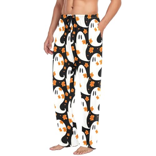 White Spirits with Flower Men's Cotton Pajama Pants with Pockets and Drawstring Comfortable and Stylish,S4