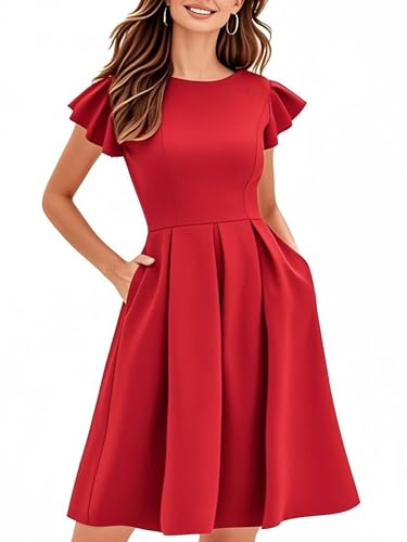 Image of oxiuly Women's Flounce Sleeve Wedding Church Vintage Dresses Casual Floral Party Cocktail Work Dress with Pockets Fei376