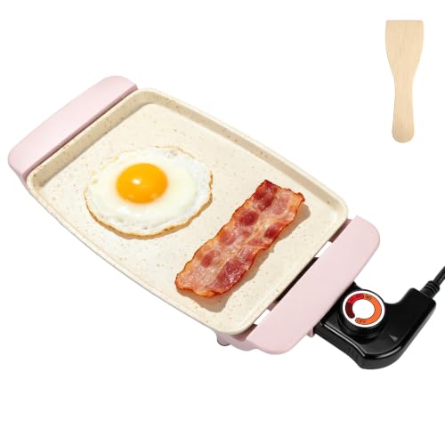 I-Keukenn Small Electric Griddle 10 Inch Mini Ceramic Non-Stick Electric Skillet with Adjustable Thermostat 1200W Single Serve Grill for Breakfast Cooking for Pancakes Eggs Sausage Pink