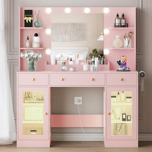 Image of HUANLEGO Vanity Desk with Mirror and Lights, Large Makeup Vanity Set with Power Outlet & RGB Glass Cabinet, 3 Drawers, Pink Vanity Mirror with Lights Dressing Table for Girls Women, 3 Color Modes