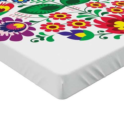 Ambesonne Polish Folk Art 2 Pack Fitted Sheet, Slav Flowers Heart, Bed Cover All-Round Elastic Deep Pockets 2 Pieces, Package Contains 2 Twin Size Fitted Sheets, Green Purple