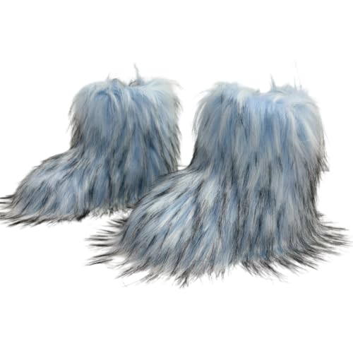 XinYiQu Girls Winter Fluffy Warm Fur Boots Furry Fuzzy Cozy Mid-Calf Ankle Snow Boots 3 Little Kid,Sky Blue