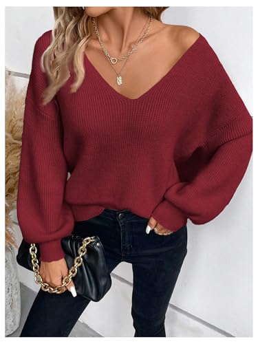 Image of GORGLITTER Women's Bow Fall Sweaters 2025 Cable Knit Chunky Oversized Long Sleeve Backless V Neck Pullover Tops
