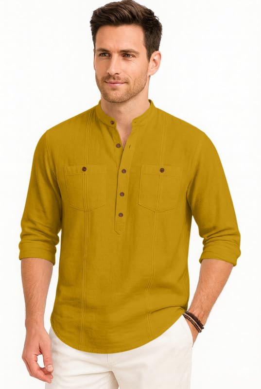Image of ROYALSCOUT Men's Cotton Polyester Blend Kurta Style Shirt with Mandarin Collar, Half Button Placket, Dual Chest Pockets, Long Sleeve Casual Ethnic Fusion Wear for Office, Festive and Daily Use