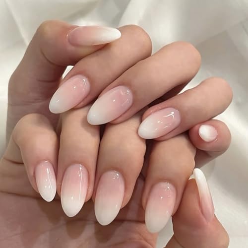 Image of Ombre False Nails - 24pcs Almond Press on Nails - Nude White Fake nails with Glue - Medium Stick on Nails - Full Cover Glue on nails for Women - 12 Sizes Acrylic Nail Tips Long Lasting & Reusable