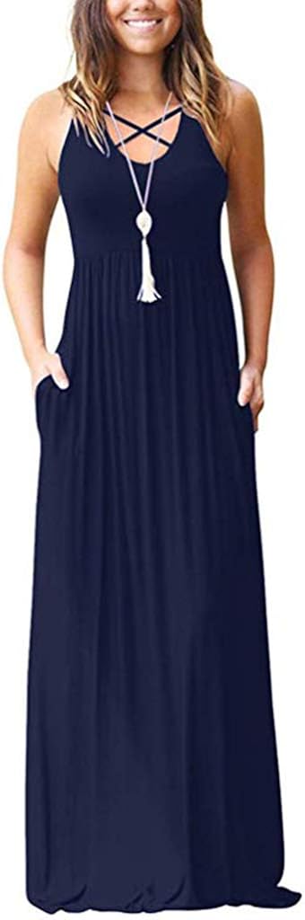 LILBETTER Women's Sleeveless Racerback Loose Plain Maxi Dresses Casual Long Dresses with Pockets at  Women’s Clothing store