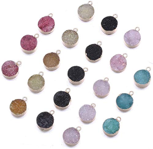 5Pcs Natural Round Druzy Agate Stone Pendant Links Healing Chakra Gemstone Charms Pendants 13X7Mm For Jewelry Making Hole: 2Mm (Random Mixed Colors) #TOP1