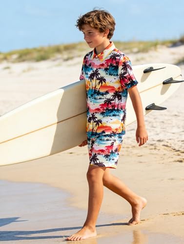 Image of UNICOMIDEA Boys Hawaiian Outfits Tropical Print Button Down Shirt + Swim Trunks 2 Piece Sets for 5-12T Kids