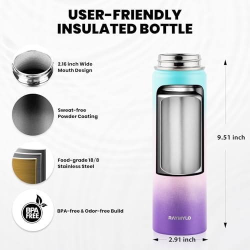 Image of RAYMYLO Insulated Water Bottle 20 oz, Triple Wall Vacuum Stainless Steel (Cold for 24Hrs, Hot for 12Hrs), Leak Proof & Non-BPA, Modern Water Bottle Jug for School with Straw Spout Lids