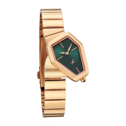 Image of Fastrack Wild Viper-Inspired Unique Shaped Green Dial IP Rose Gold Stainless Steel Strap Watch for Women - 6323WM01