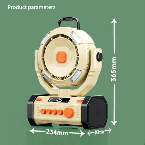 Ventilador portátil recarregável com luz LED e gancho de alta potência com velocidade contínua, vent
