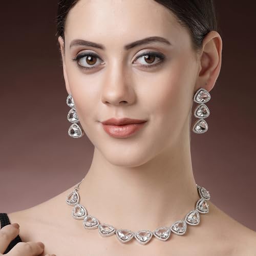 Image of ZENEME Rhodium Plated Silver Toned Triangular Shaped American Diamond Studded Jewellery Set For Women and Girl
