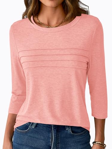 NORACORA 3/4 Sleeve Tops for Women Fall Fashion 2025 Dressy Casual Crewneck Blouses Tshirts Trendy Pleated Tunic Shirts for Leggings Dusty Pink S - image 2
