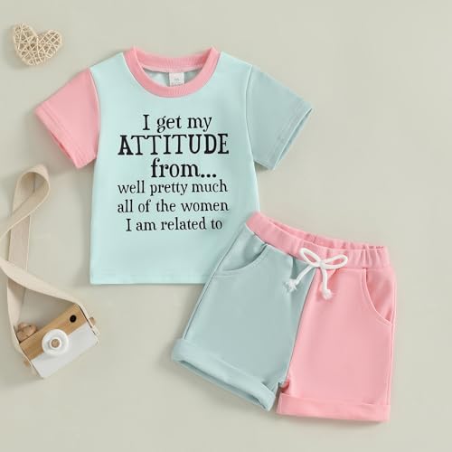 WZTYYDS Toddler Girl Summer Clothes Letter Print Short Sleeve Round Neck T-Shirt with Contrast Color Shorts Outfit2