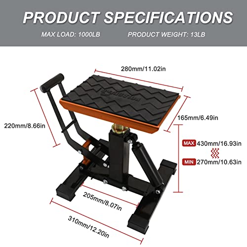 POLARBEAR Dirt Bike Stand Hydraulic Aluminum Jack Stands Vertical Lift CNC, for Dirt Bike/ATV/ADV/Rally Maintenance, Motorcycle Dirtbike Engine Stand with 1200Lbs Capacity(Orange) - Image 4