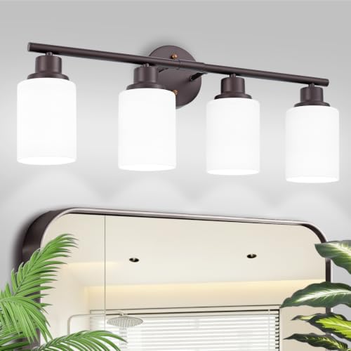 Image of 4-Light Bathroom Light Fixtures, Vanity Lights for Mirror with Textured Milky White Glass Shade, Modern Kitchen Light Fixtures Wall Sconce Light - E26 Base - Oil-Rubbed Bronze