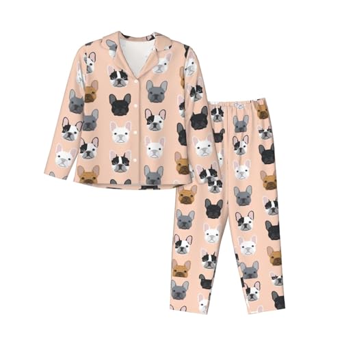 Pyjama à manches longues pour femme avec imprimé français et taille élastique confortable