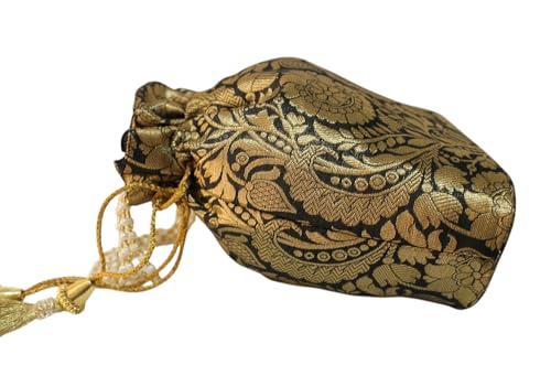Image of MILAN'S CREATION Banarasi Silk Brocade Potli Bag Purse With Base Drawstring Women's handbag with Pearl Handle & Tassel Weddings