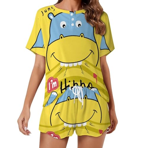 Ensemble de pyjama pour femme manches courtes jaune motif animal