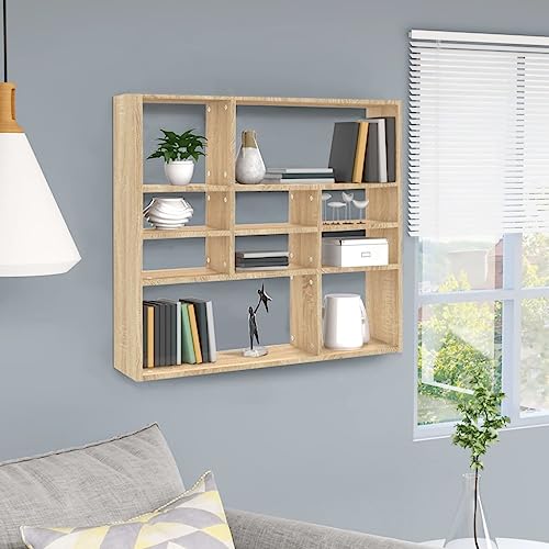 YuuSsea Estantería de pared de roble Sonoma, 90 x 16 x 78 cm, material de madera, 10 compartimentos, resistente para libros, coleccionables, organizador de pared, dormitorio y baño