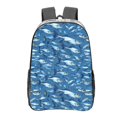 Blue Fishes Ocean Print Work Travel Stadium Events Transparent Backpack PVC Clear Bag Large Side Pockets